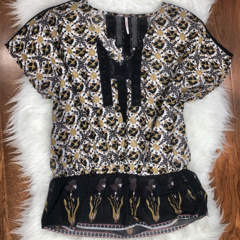 Free People Navy Sheer Drop Waist Floral Blouse S
